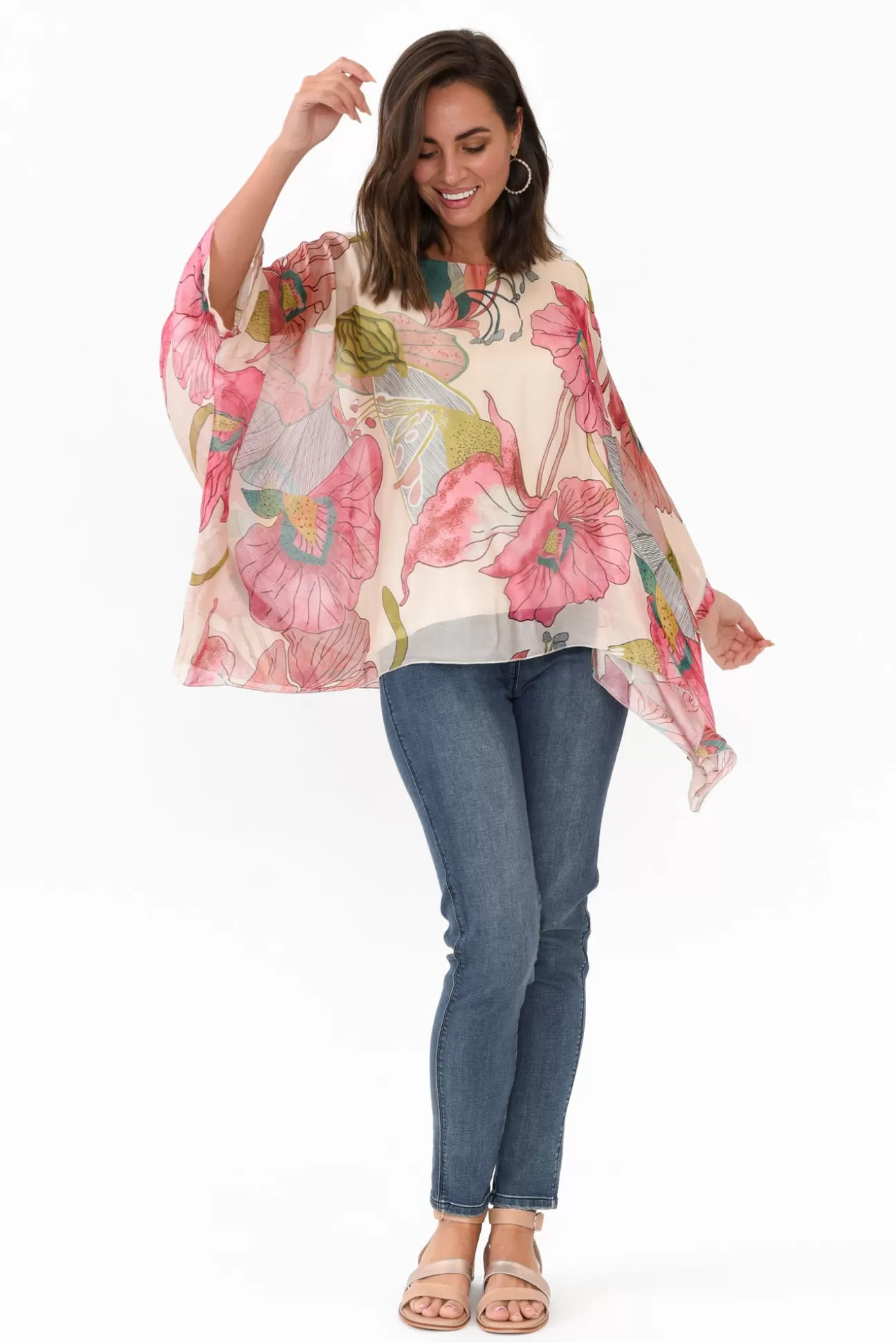 La Strada Trevino Pink Flower Silk Overlay Top Sale