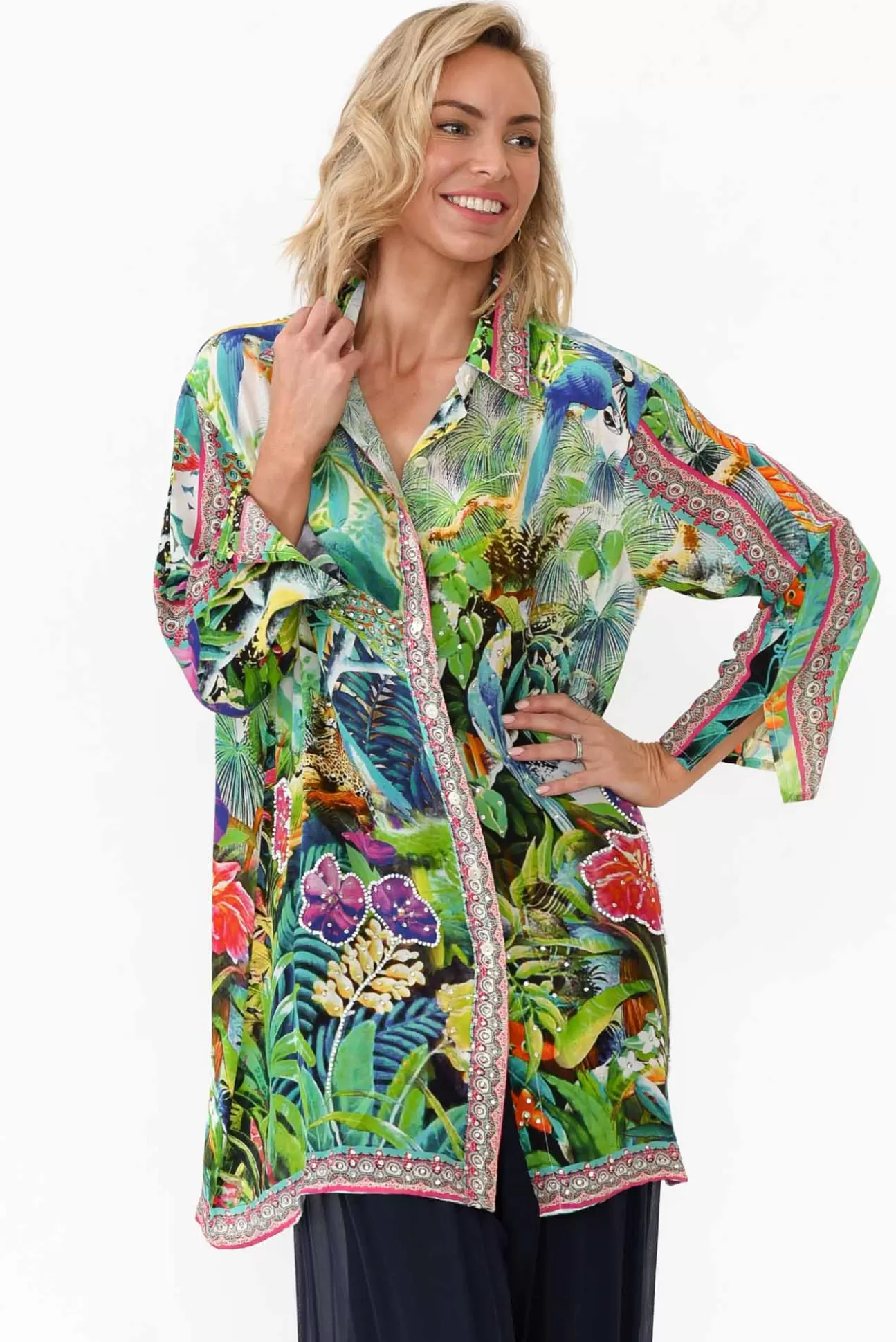 Fashion Spectrum Tropical Green Silk Resort Shirt Outlet