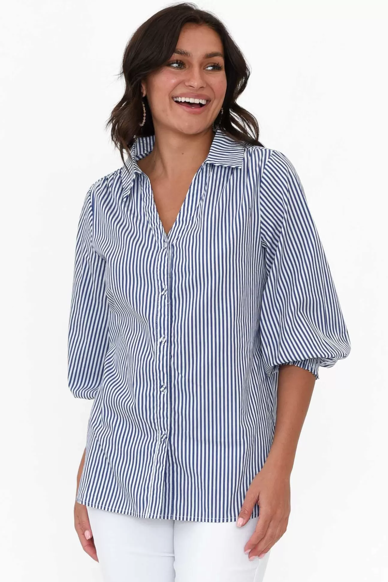 Silver Wishes Troy Navy Stripe Cotton Shirt Discount