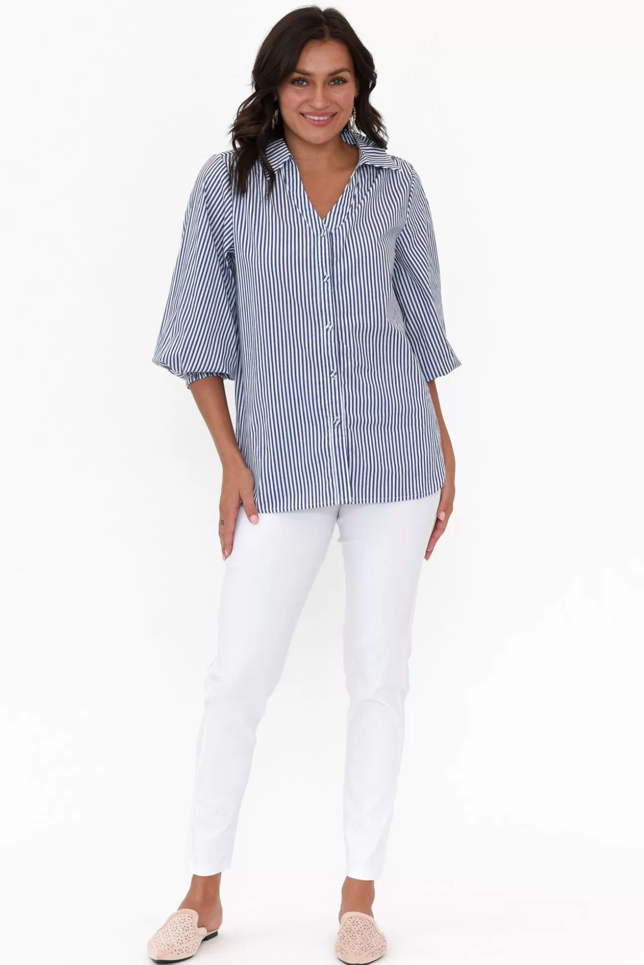 Silver Wishes Troy Navy Stripe Cotton Shirt Discount