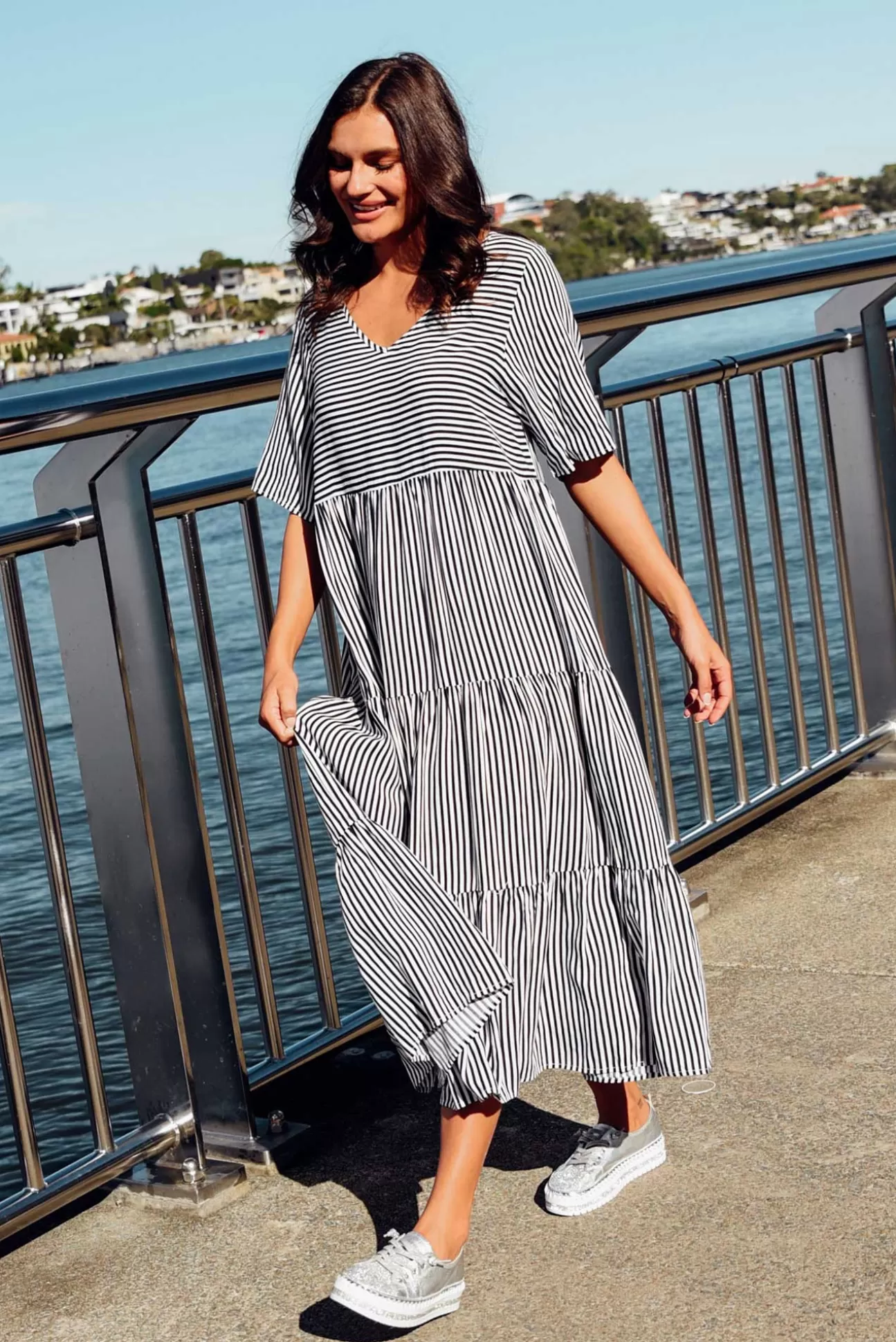 Slate the Label Tully Navy Stripe Maxi Dress New