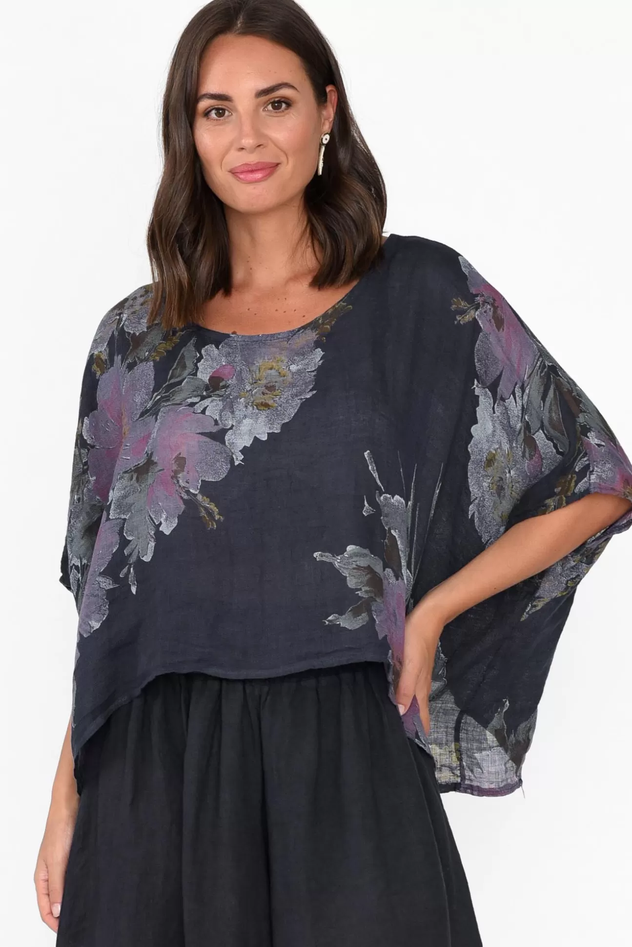 Donna Donna Turner Navy Floral Linen Scoop Neck Top New