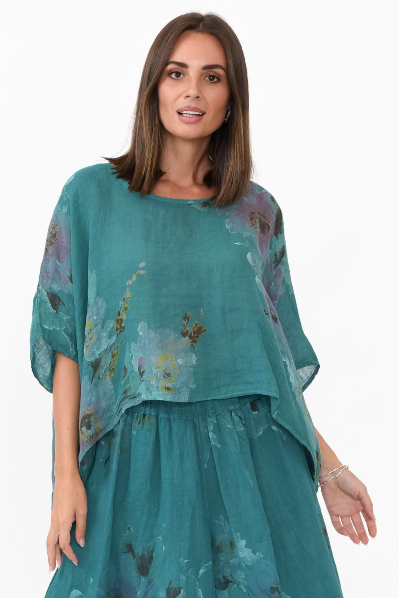 Donna Donna Turner Teal Floral Linen Scoop Neck Top Flash Sale