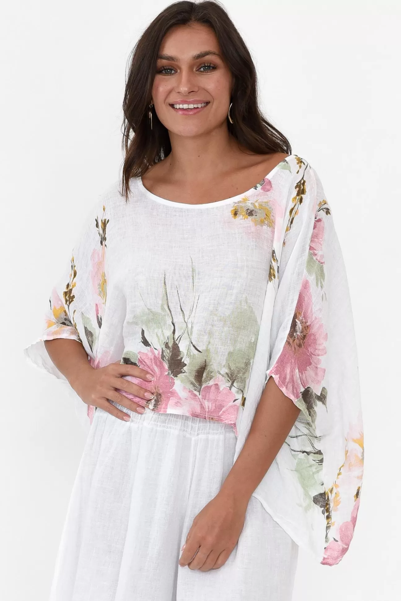 Donna Donna Turner White Floral Linen Scoop Neck Top Clearance