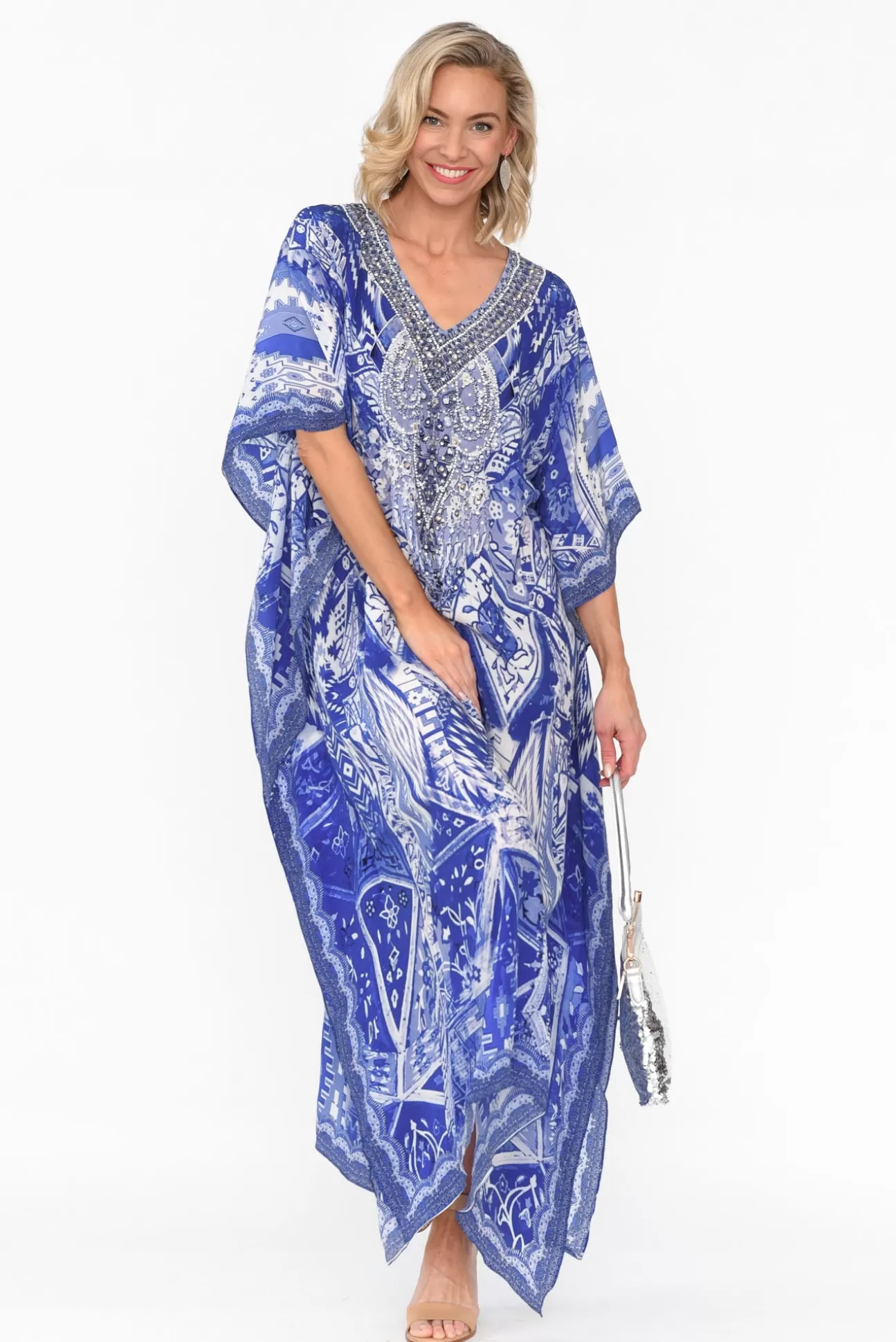 Fashion Spectrum Tuscany Blue Silk Maxi Kaftan Best