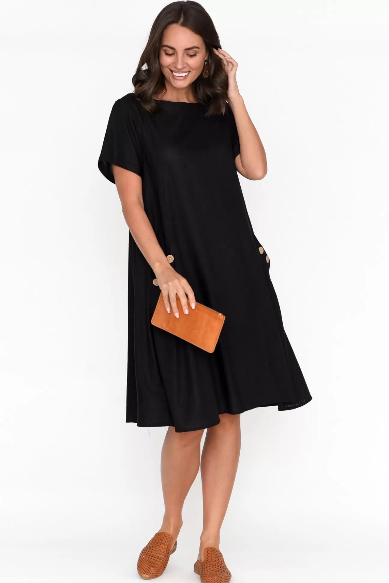 Ruby Rain Tyreke Black Linen Cotton Pocket Dress Discount