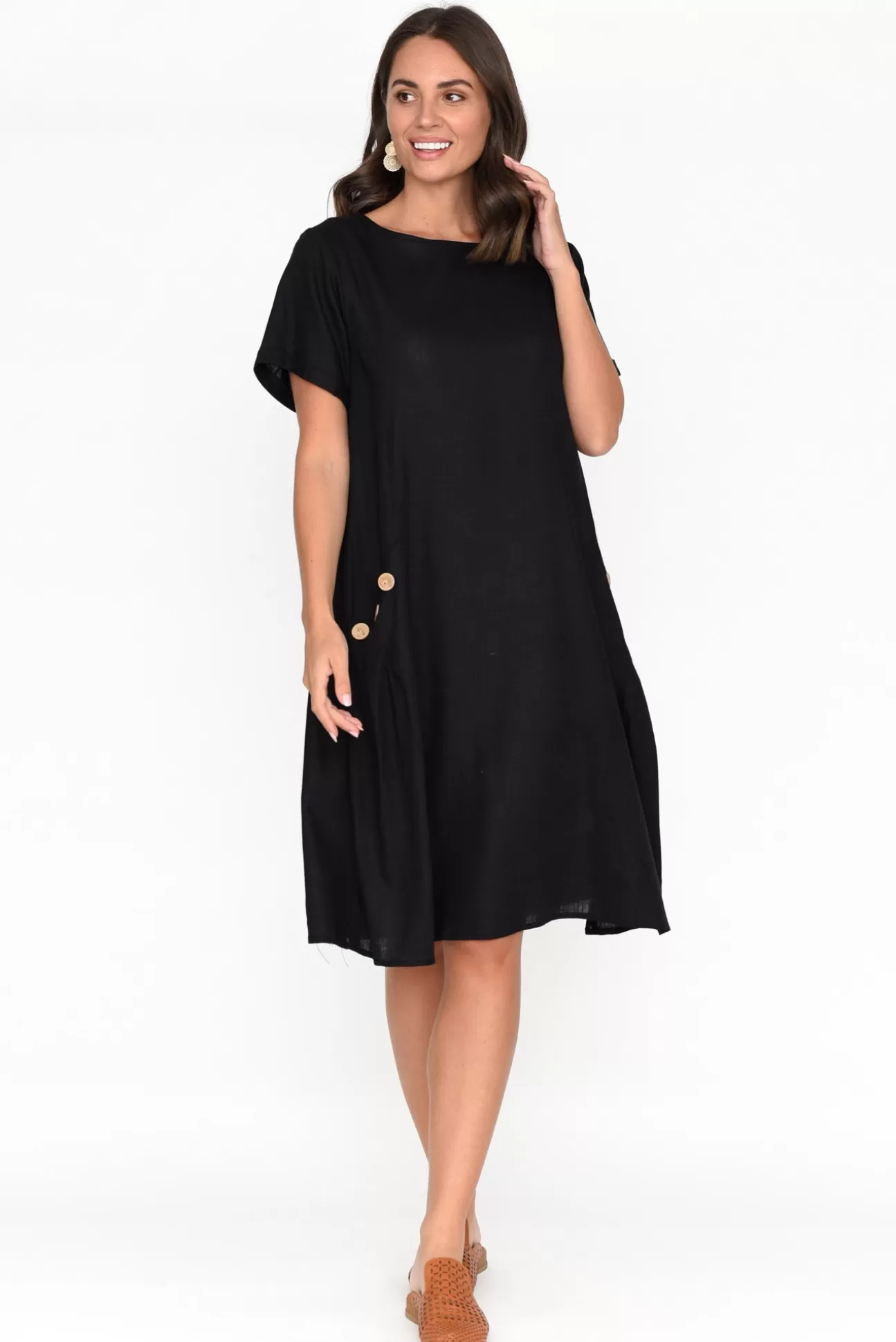 Ruby Rain Tyreke Black Linen Cotton Pocket Dress Discount