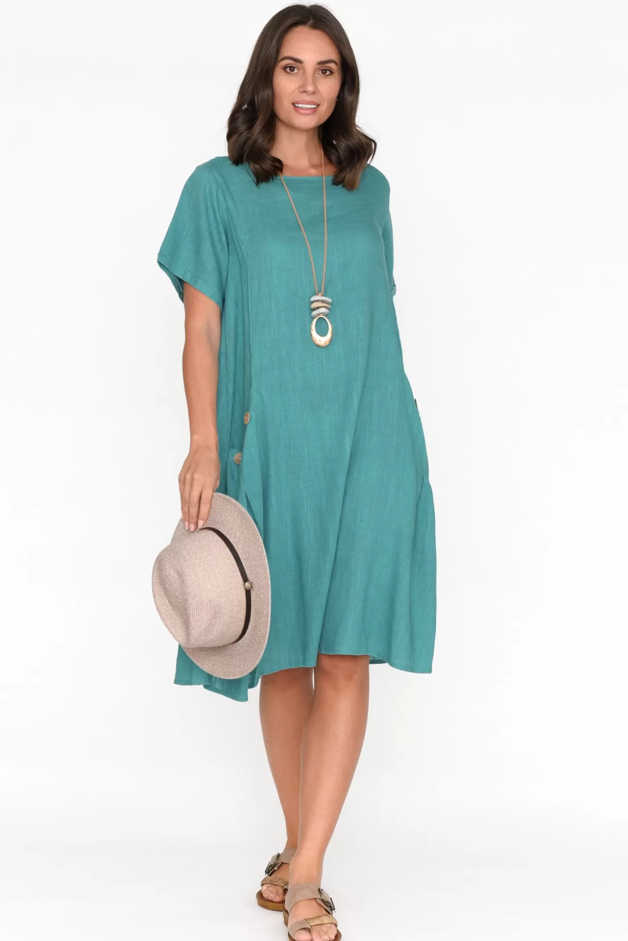 Ruby Rain Tyreke Teal Linen Cotton Pocket Dress Store