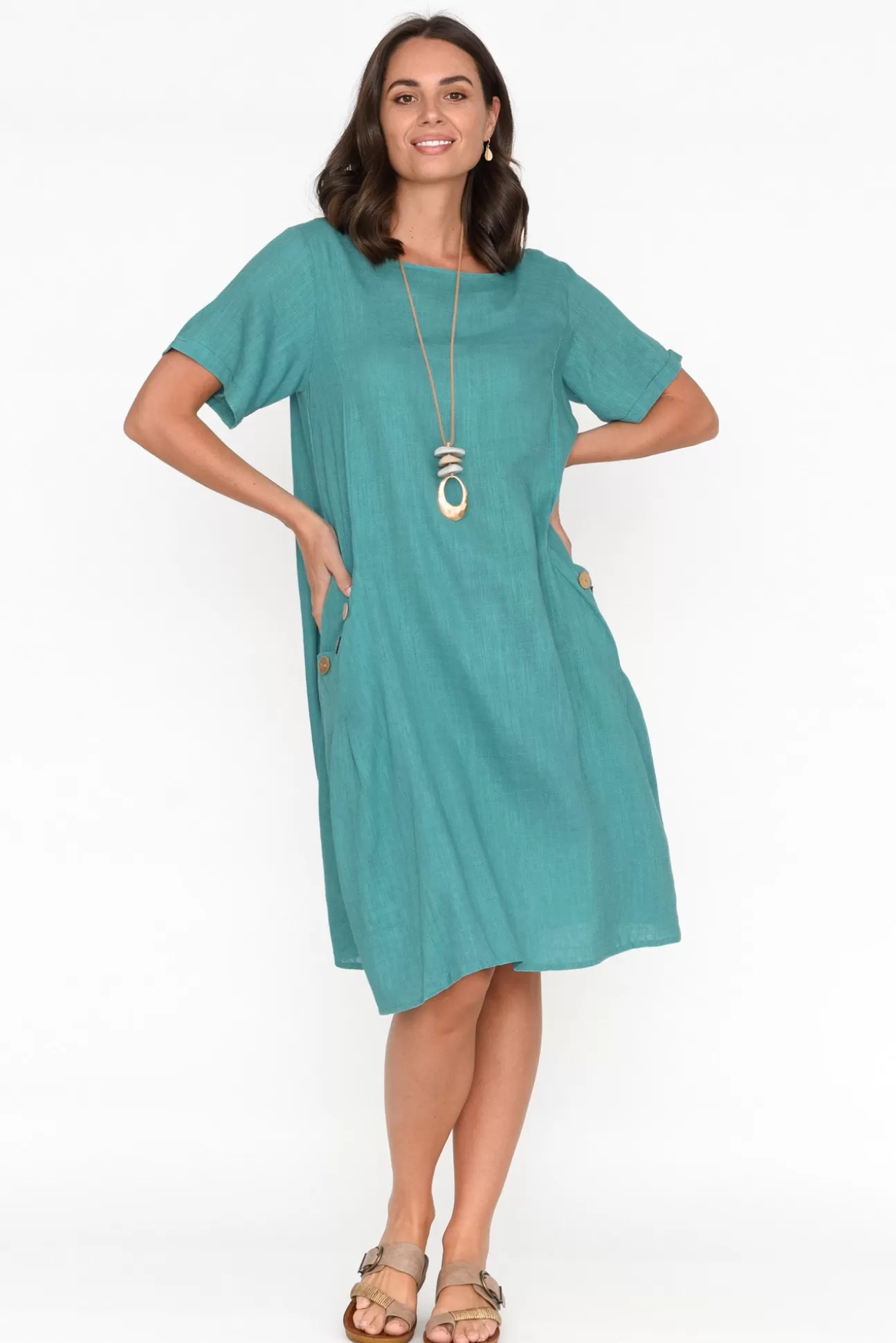 Ruby Rain Tyreke Teal Linen Cotton Pocket Dress Store