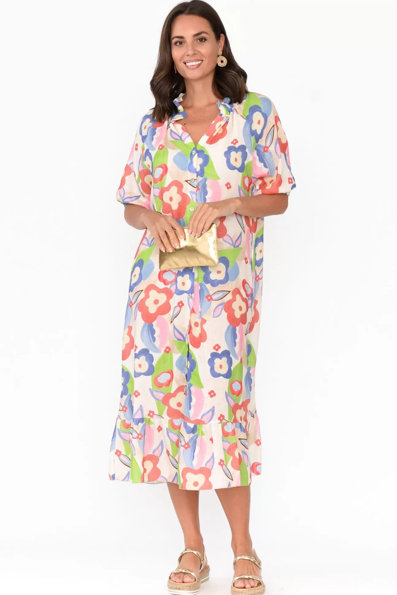 La Strada Ulla Blue Floral Linen Cotton Dress Discount