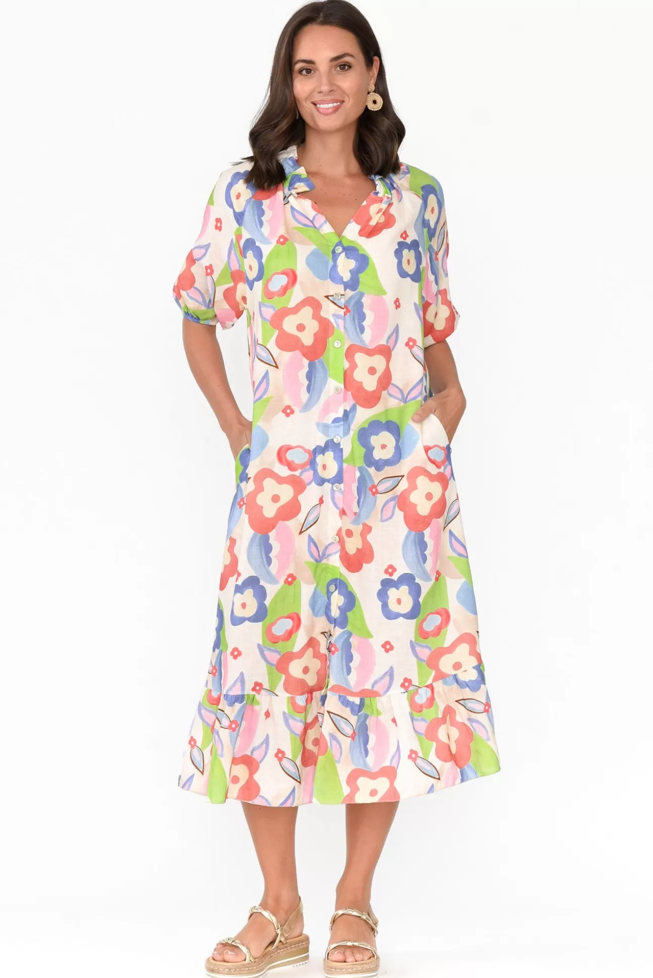 La Strada Ulla Blue Floral Linen Cotton Dress Discount