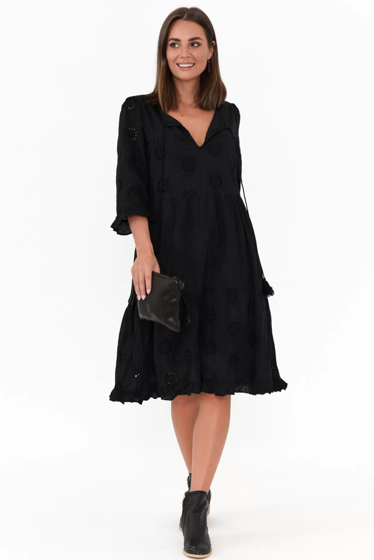 Worthier Valentina Black Cotton Embroidered Dress Cheap