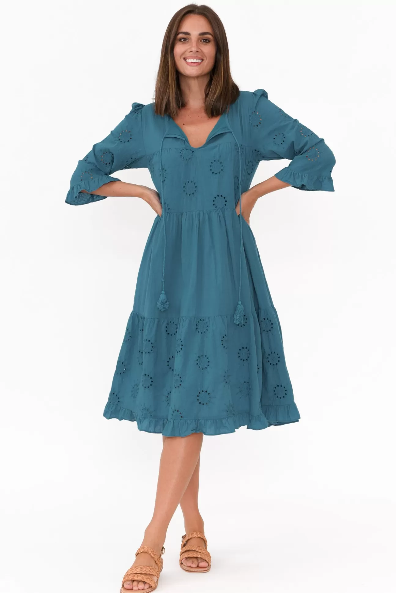 Worthier Valentina Blue Cotton Embroidered Dress Discount