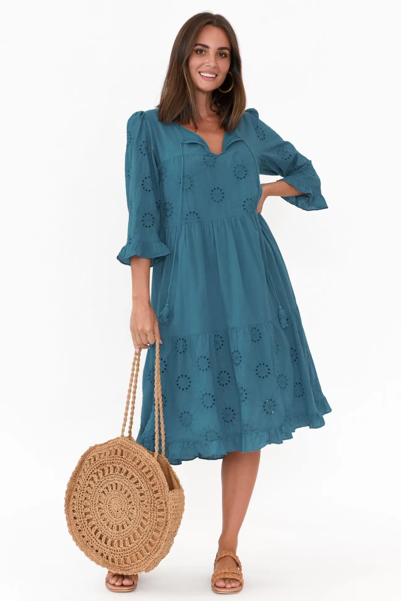 Worthier Valentina Blue Cotton Embroidered Dress Discount