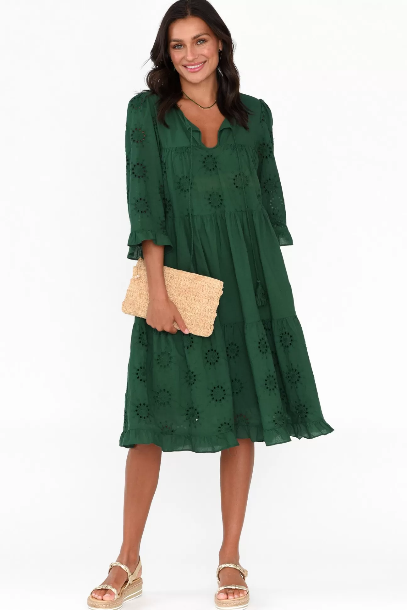 Worthier Valentina Emerald Cotton Embroidered Dress Hot