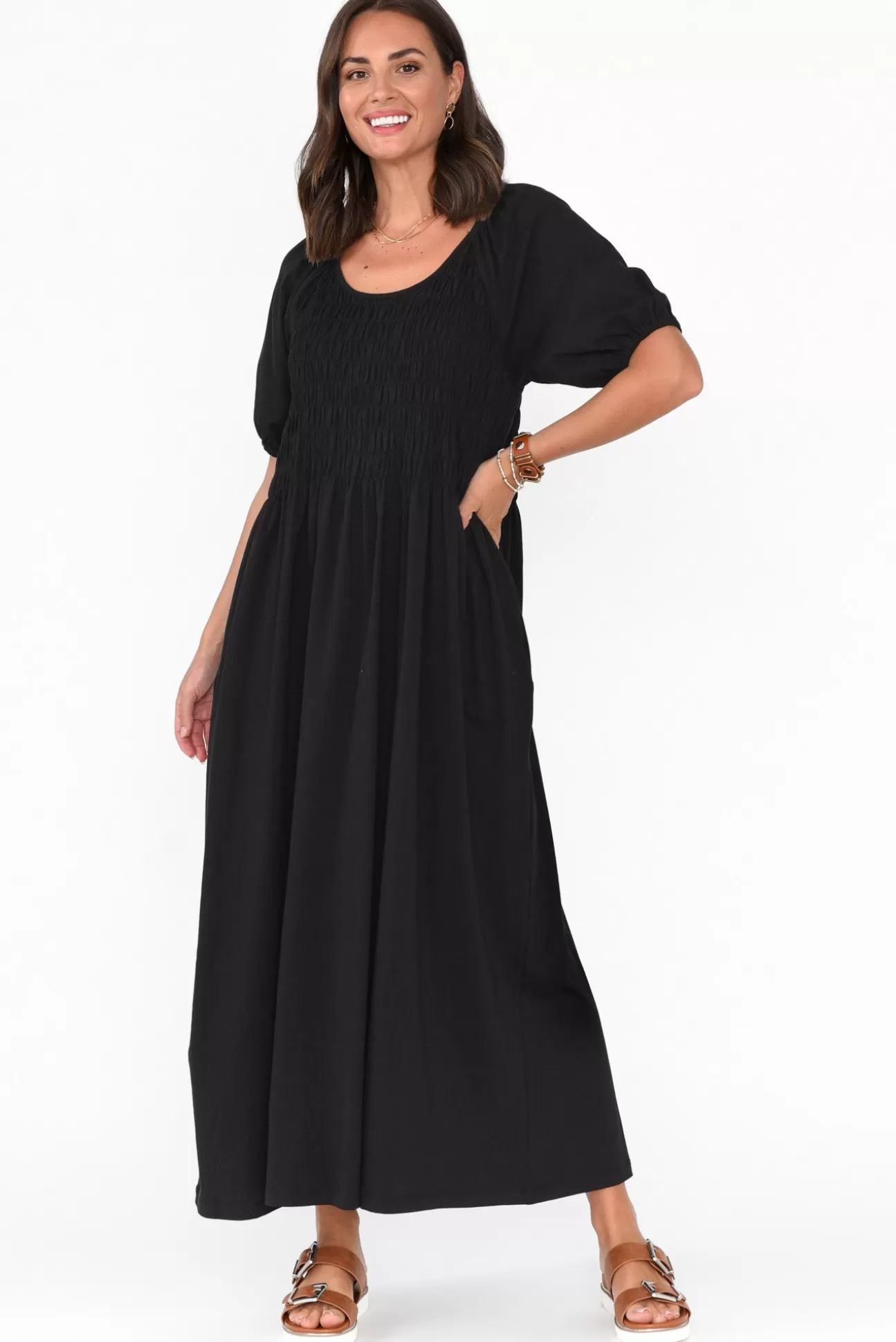 One Ten Willow Vancouver Black Cotton Shirred Dress Clearance