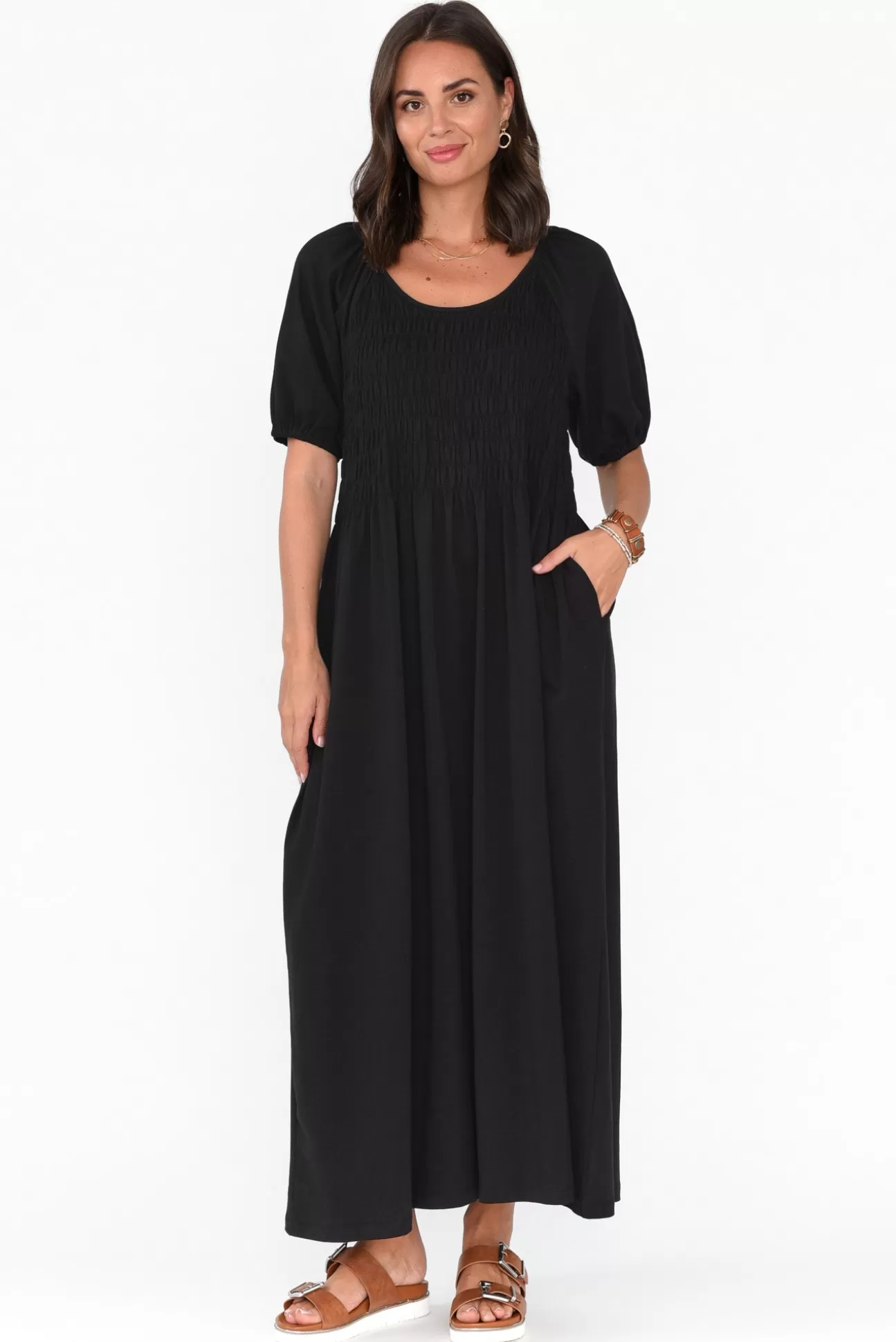 One Ten Willow Vancouver Black Cotton Shirred Dress Clearance