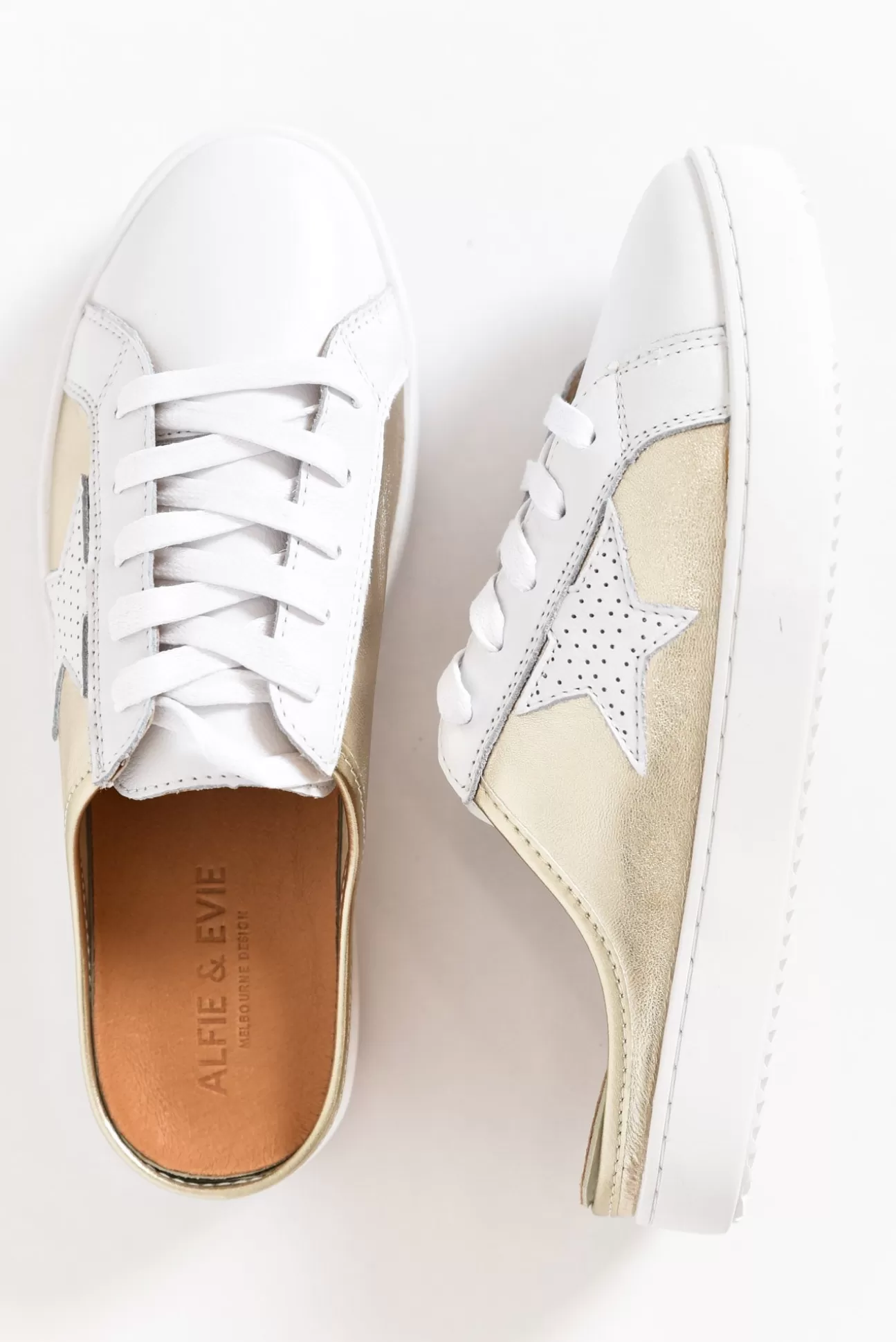 Alfie and Evie Vango Gold White Leather Mule Sneaker Online