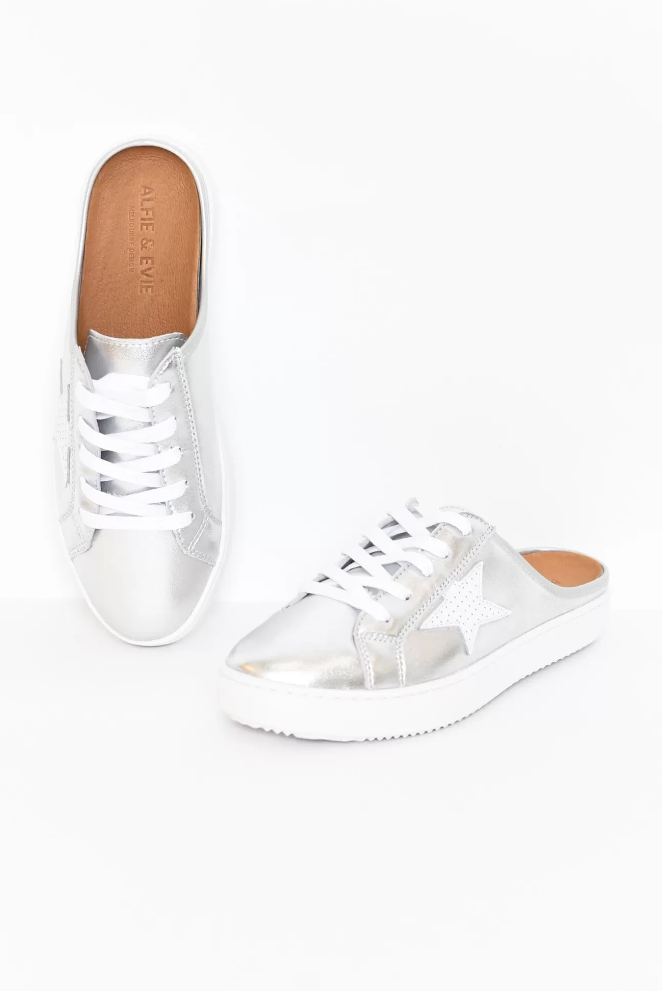 Alfie and Evie Vango Silver White Leather Mule Sneaker Clearance