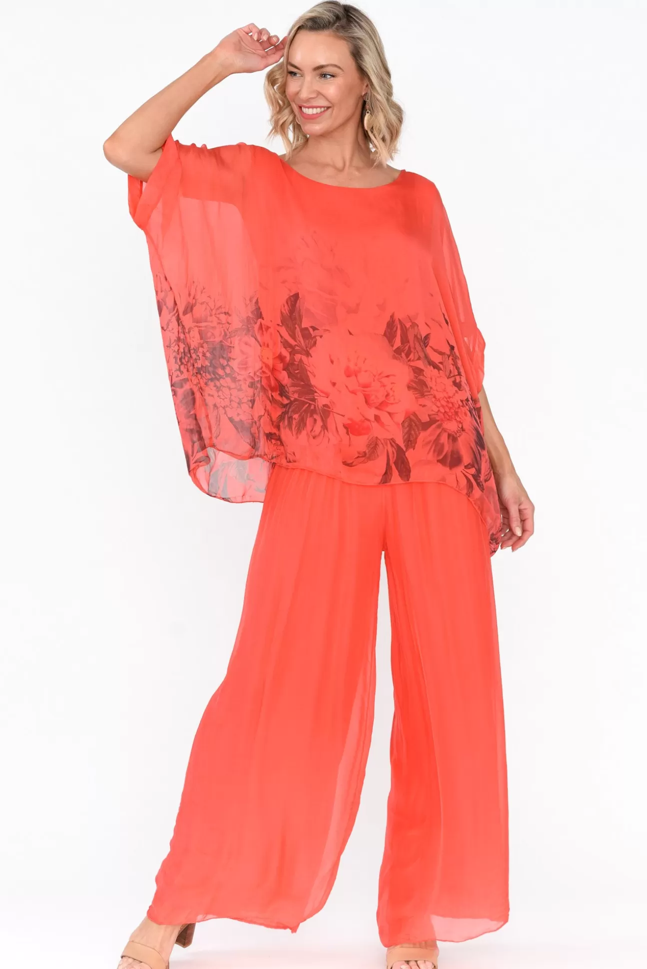 Fabuler Vernon Coral Silk Wide Leg Pant Clearance