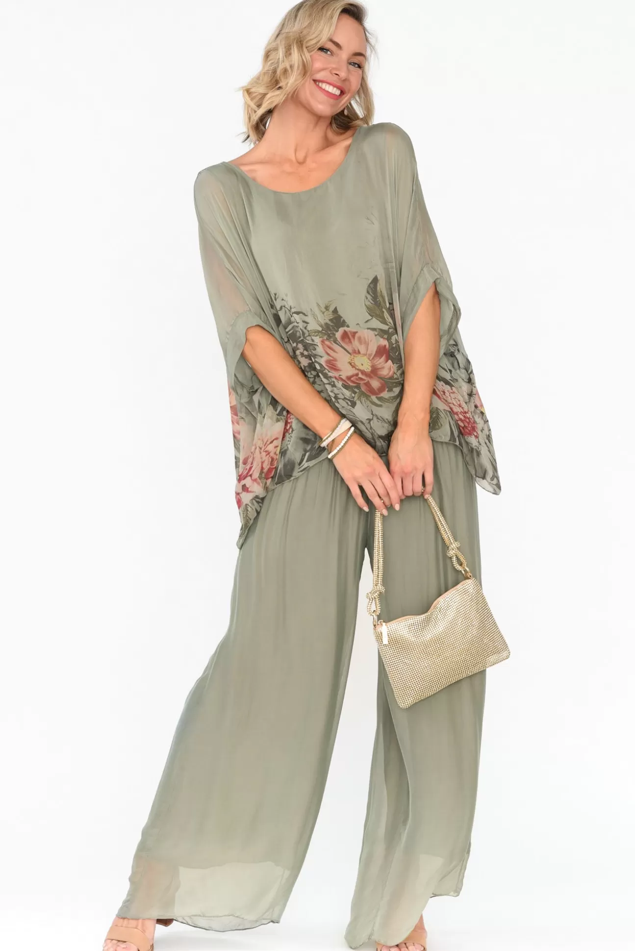 Fabuler Vernon Sage Silk Wide Leg Pant Flash Sale