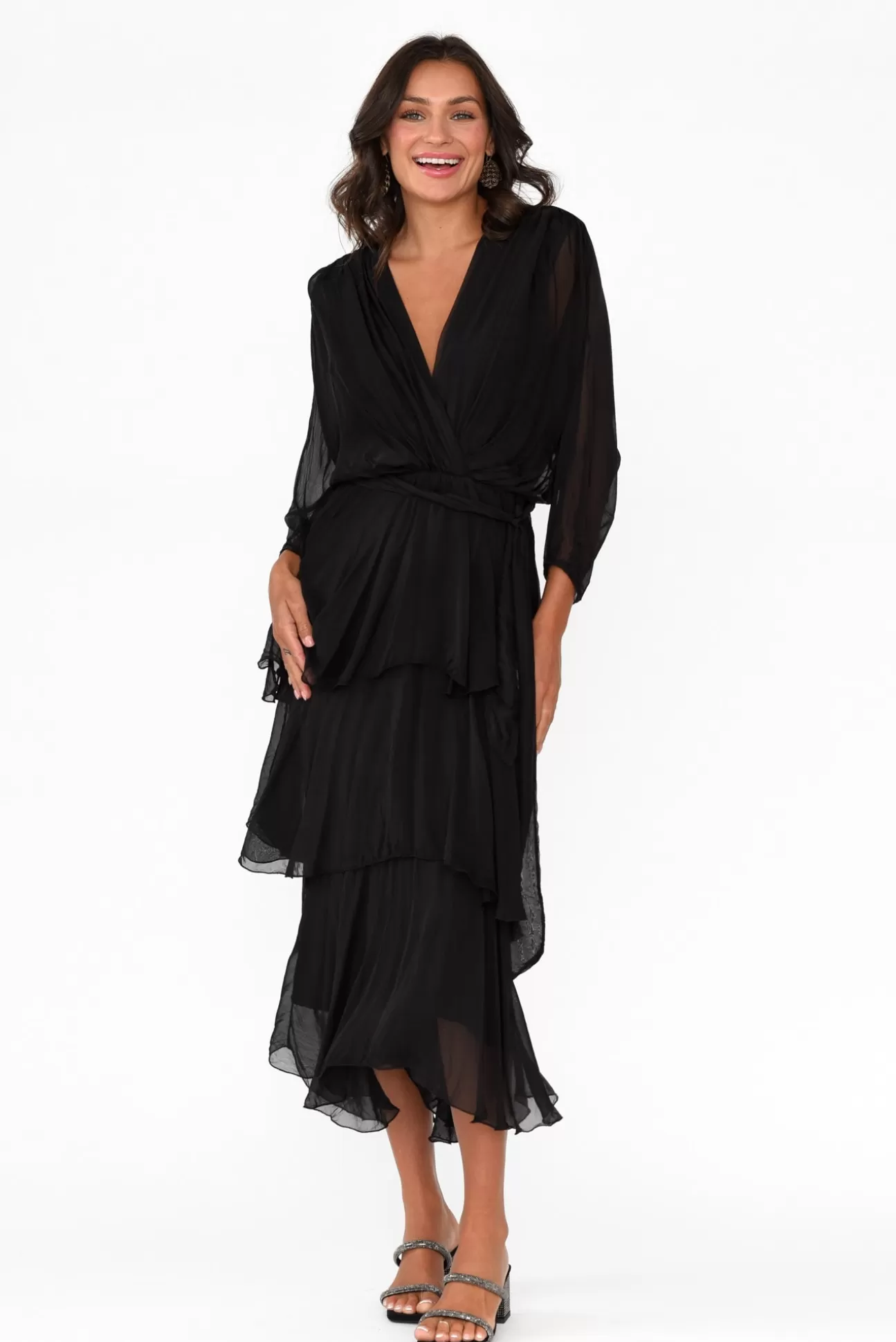 La Strada Victoria Black Silk V Neck Dress Fashion