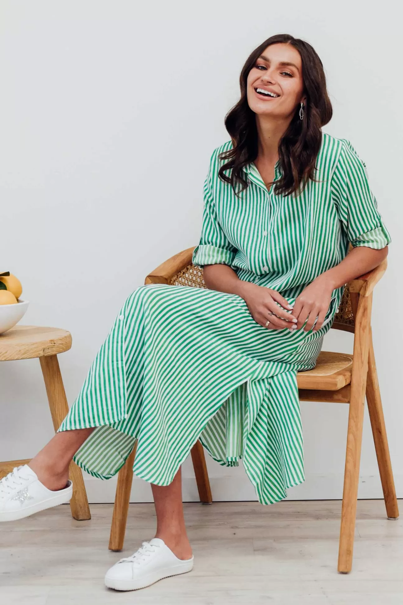 One Summer Vivien Green Stripe Cotton Blend Shirt Dress Cheap