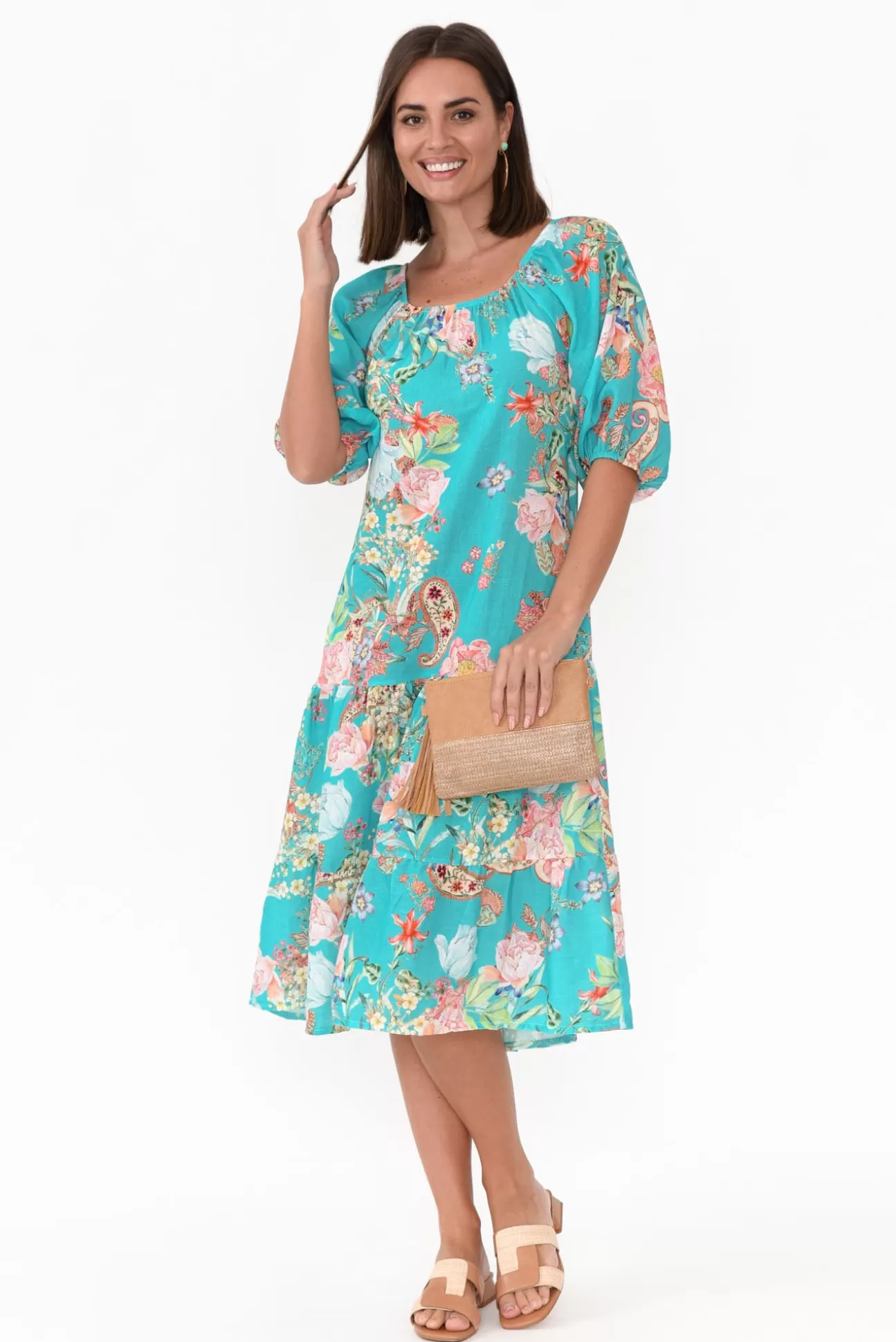 Fabuler Vogue Turquoise Paisley Linen Tier Dress Discount