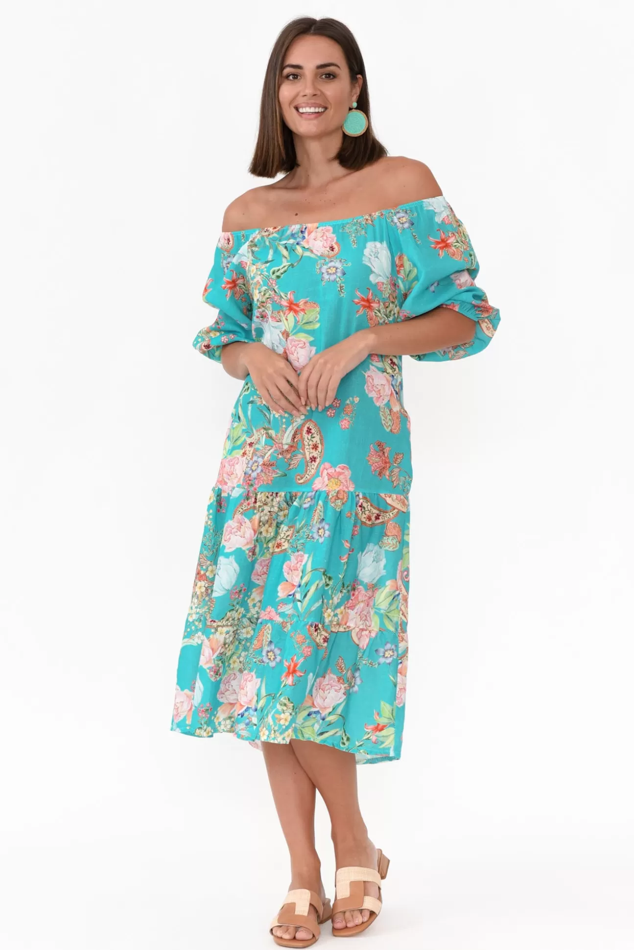 Fabuler Vogue Turquoise Paisley Linen Tier Dress Discount