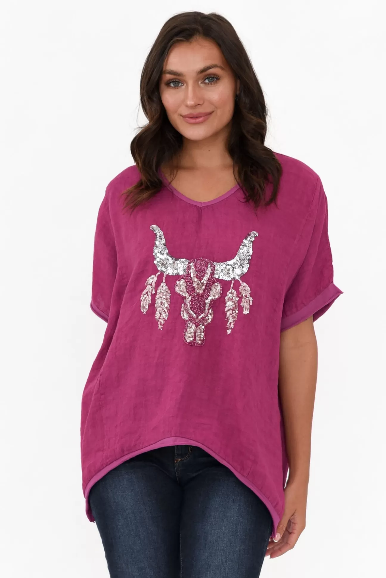 Donna Donna Wild West Fuchsia Sequin Linen Tee Fashion