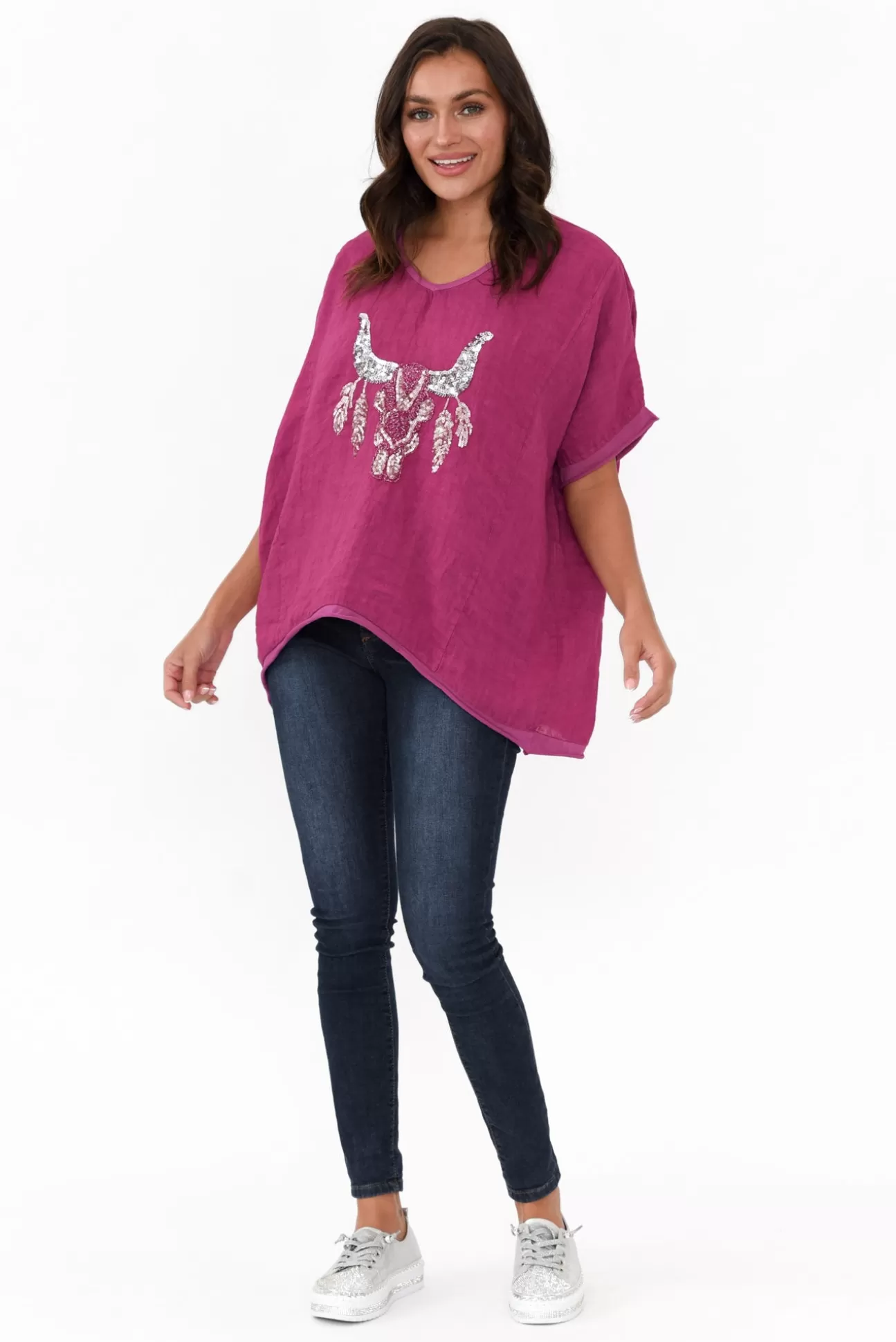 Donna Donna Wild West Fuchsia Sequin Linen Tee Fashion