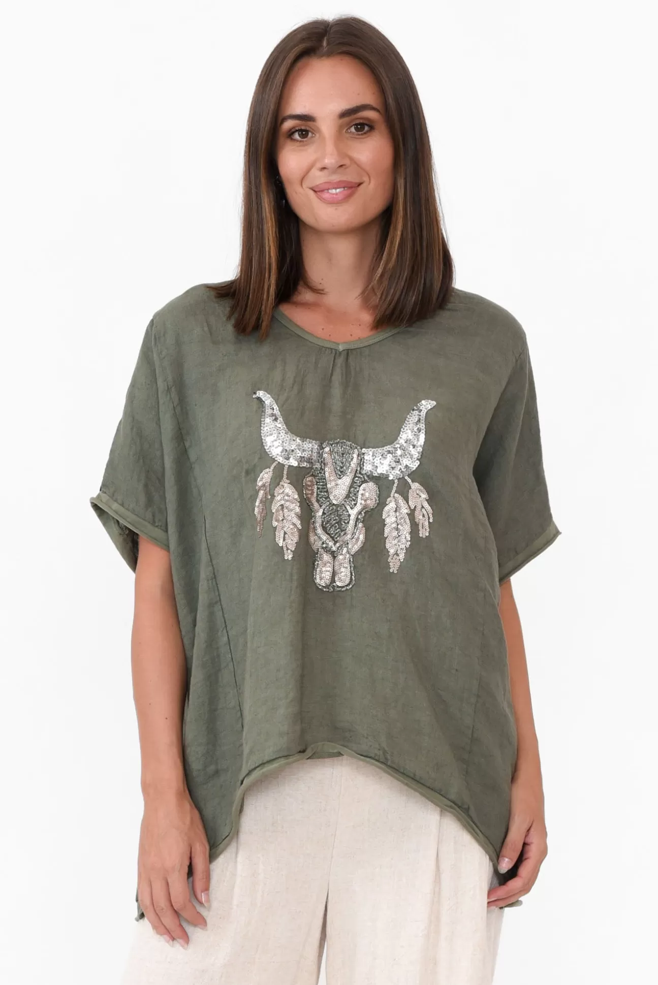 Donna Donna Wild West Khaki Sequin Linen Tee Cheap