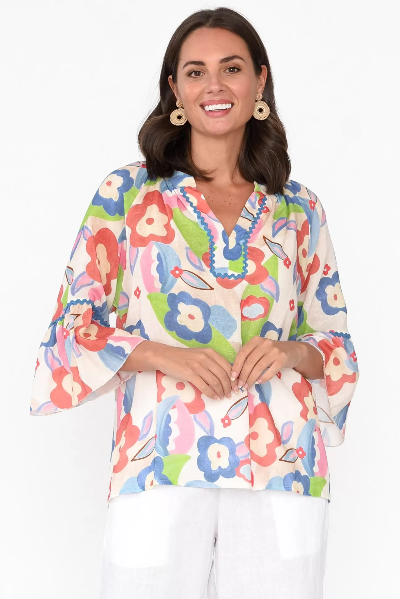 La Strada Wilda Blue Floral Linen Cotton Top Shop