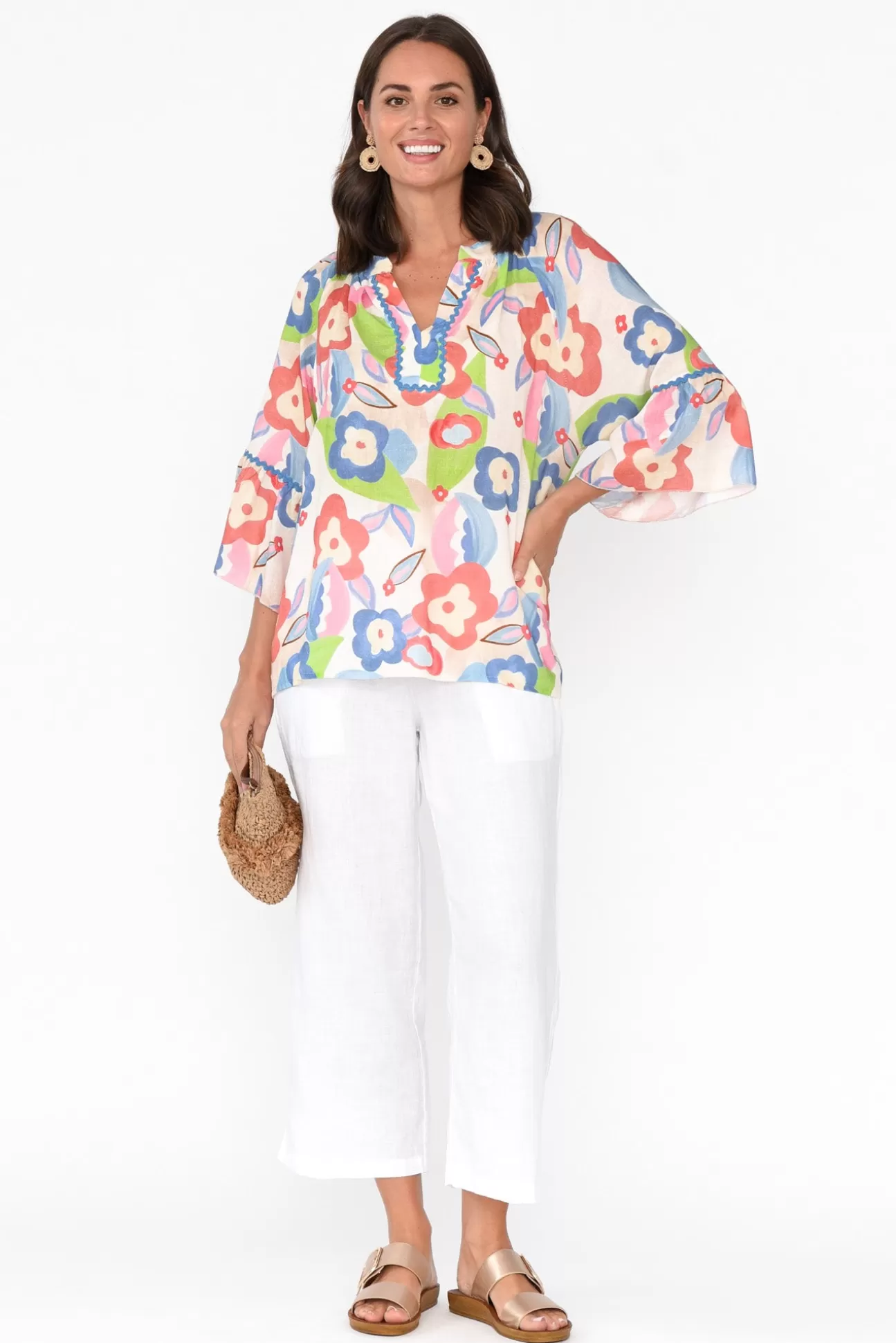 La Strada Wilda Blue Floral Linen Cotton Top Shop