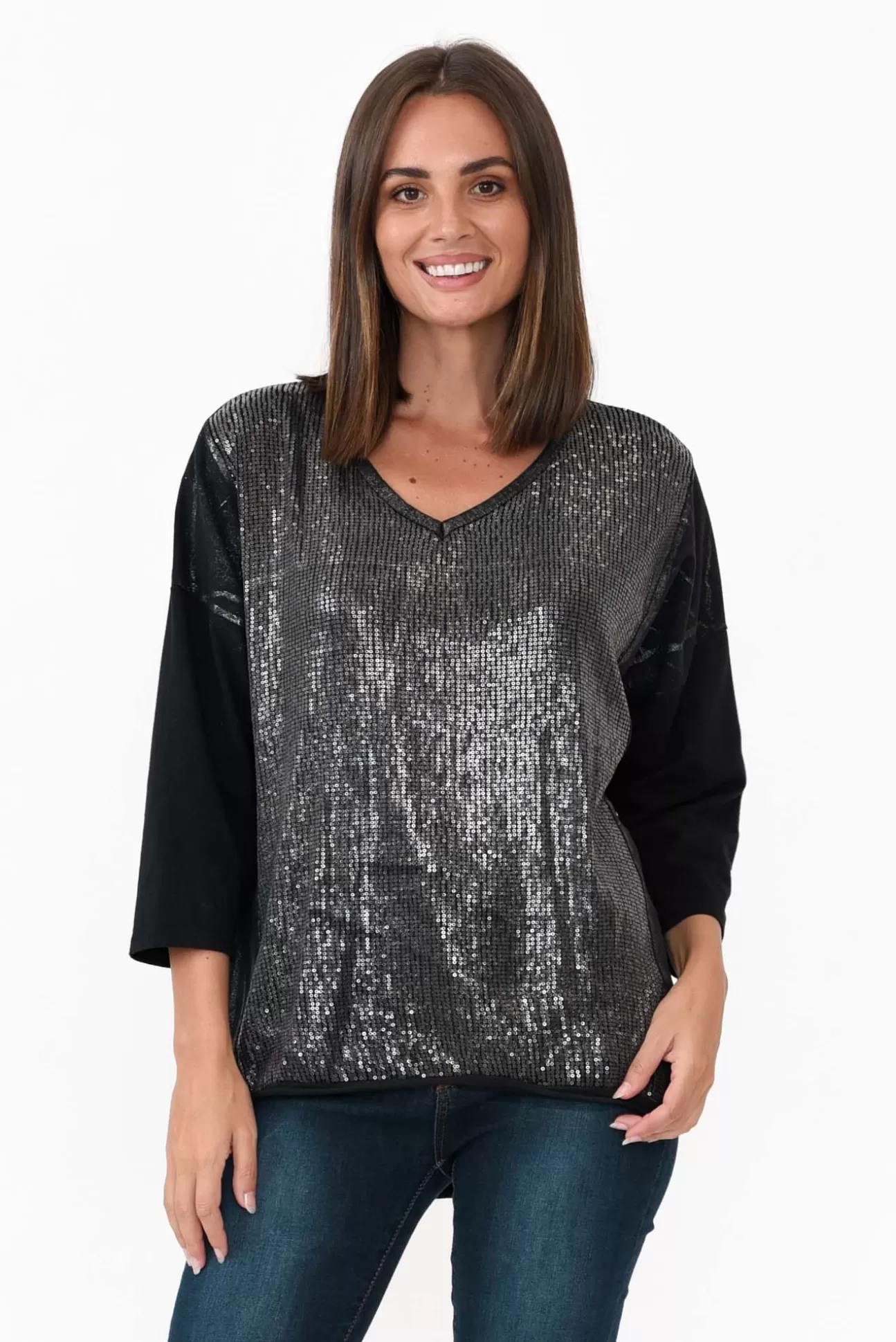 La Strada Willard Black Cotton Sequin Top Shop