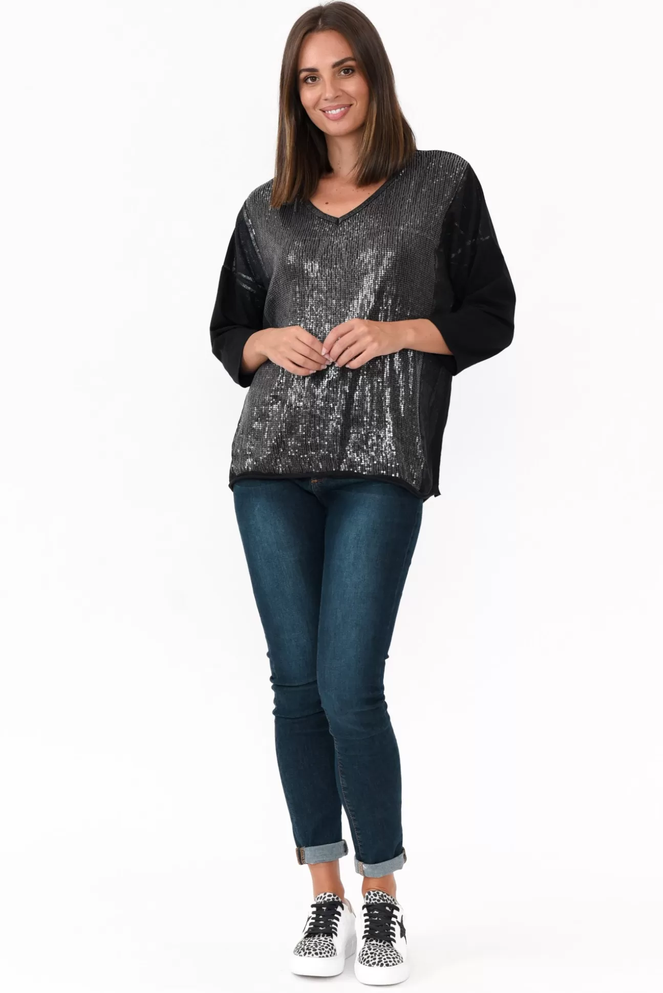 La Strada Willard Black Cotton Sequin Top Shop