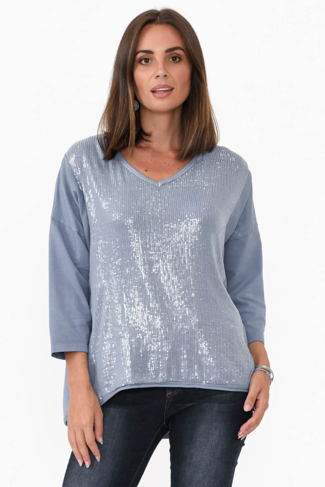 La Strada Willard Blue Cotton Sequin Top Best Sale