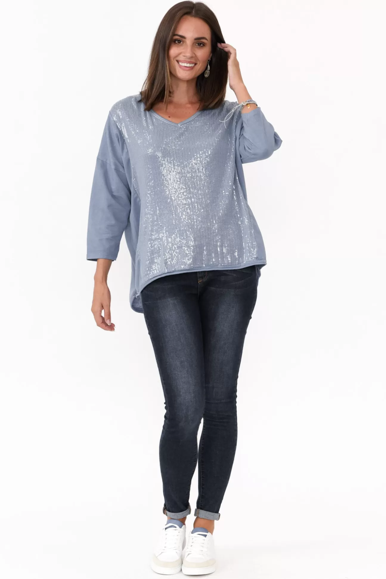 La Strada Willard Blue Cotton Sequin Top Best Sale