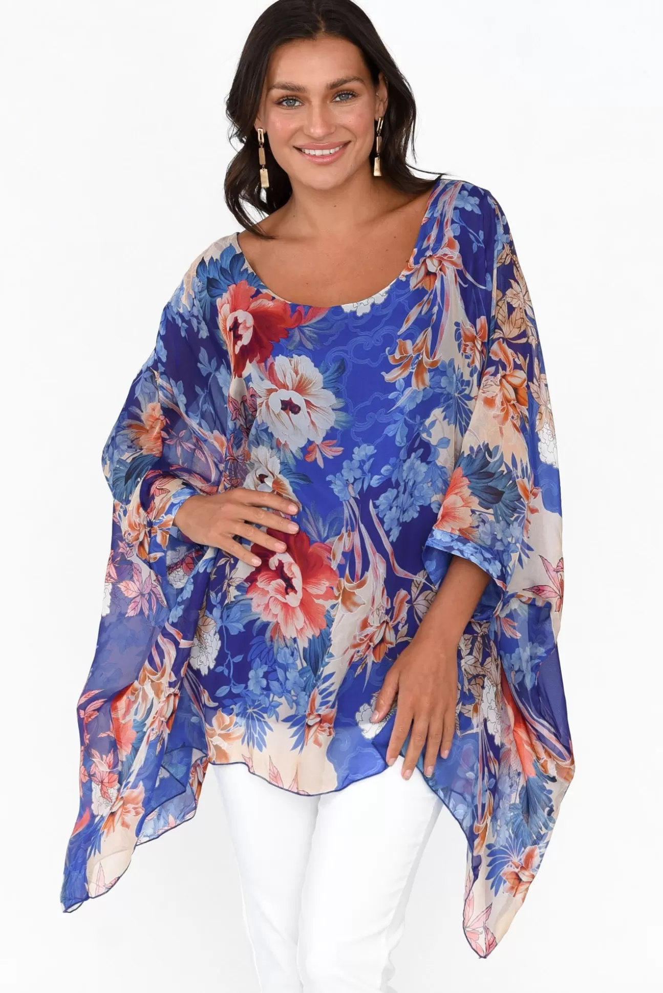 AE Luxe Wisteria Cobalt Floral Silk Layer Top Clearance