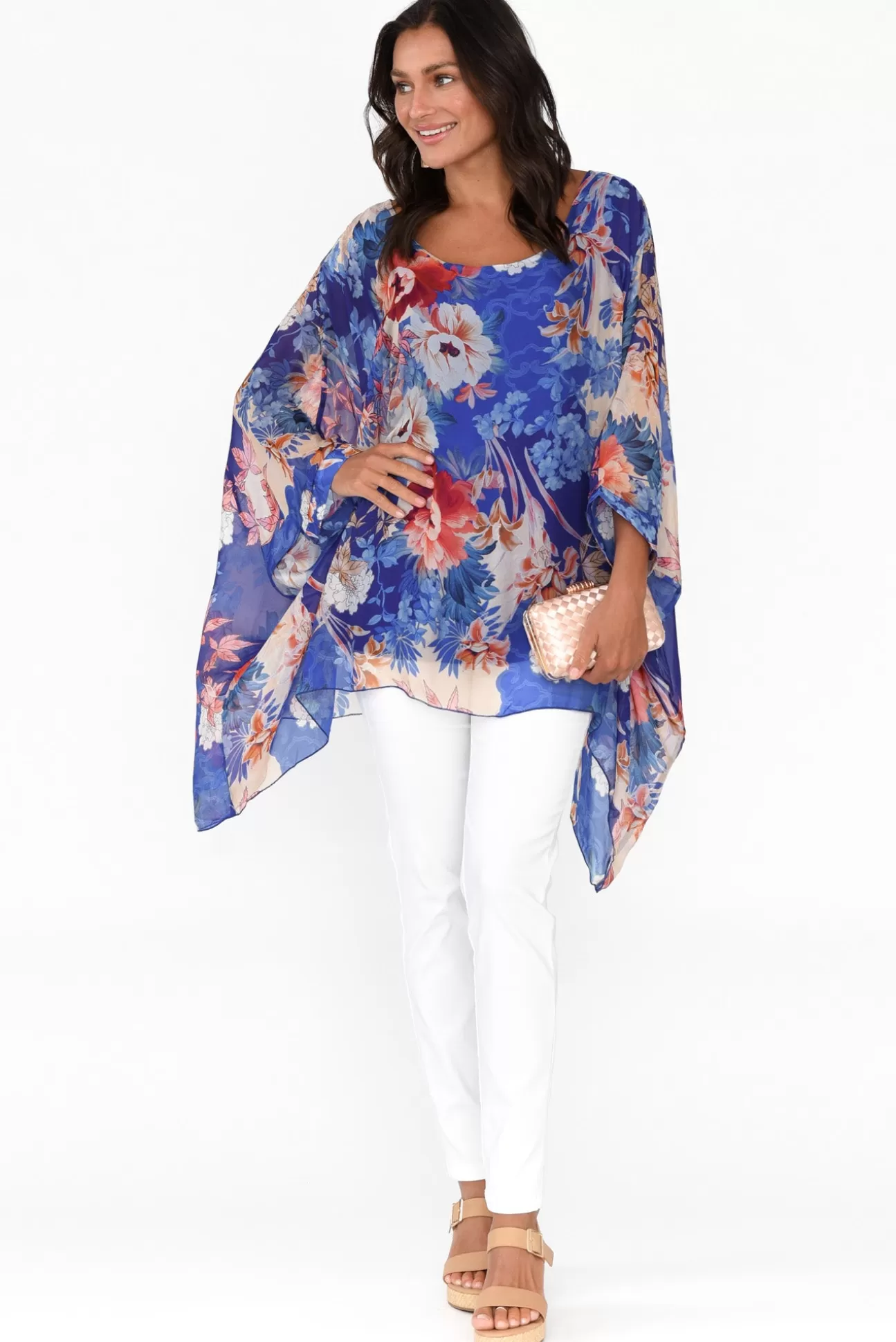 AE Luxe Wisteria Cobalt Floral Silk Layer Top Clearance