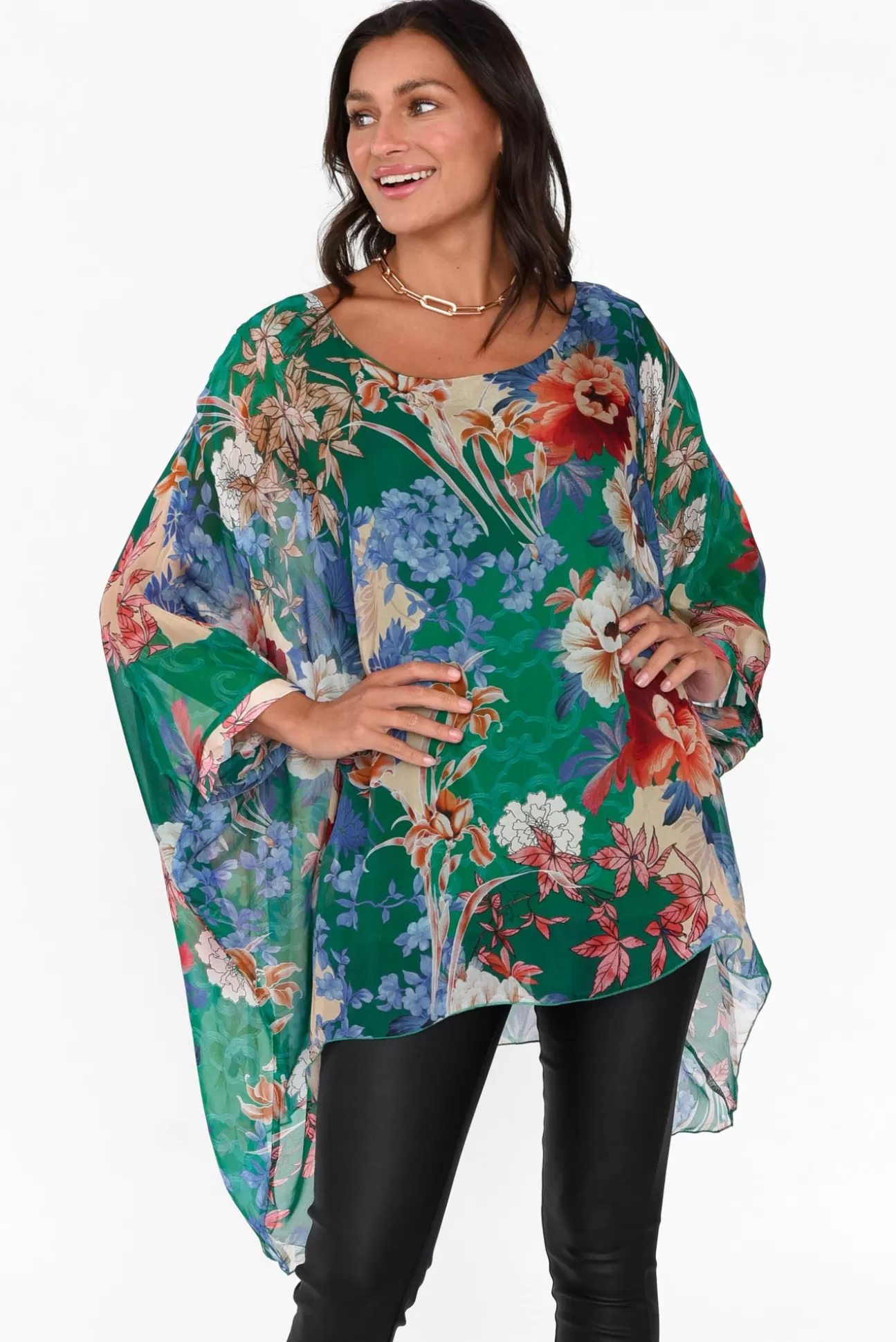 AE Luxe Wisteria Green Floral Silk Layer Top Flash Sale