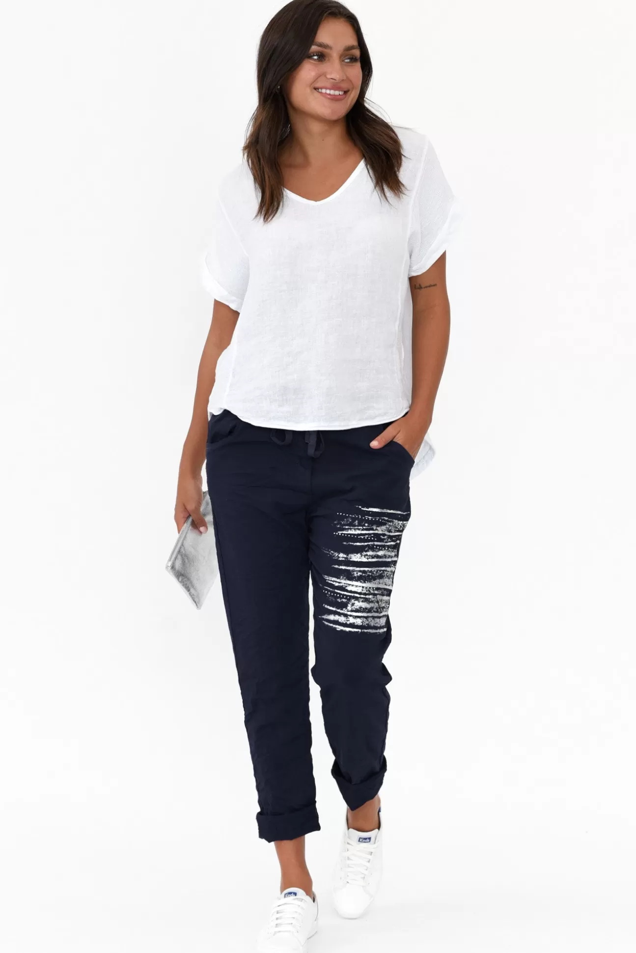 La Strada Zachary Navy Foil Stretch Pant Discount