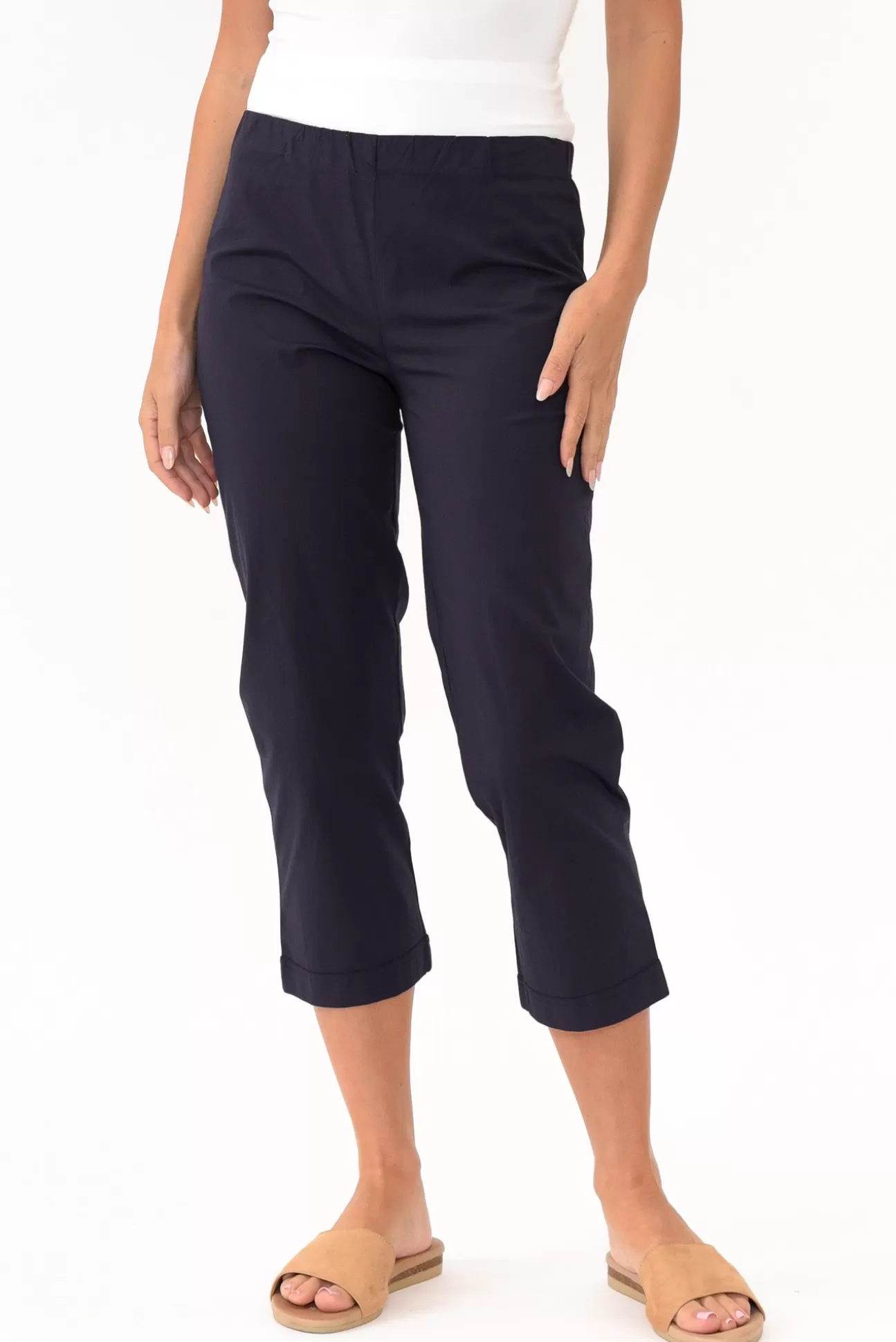 Orientique Zara Navy Cotton Cropped Stretch Pant Fashion