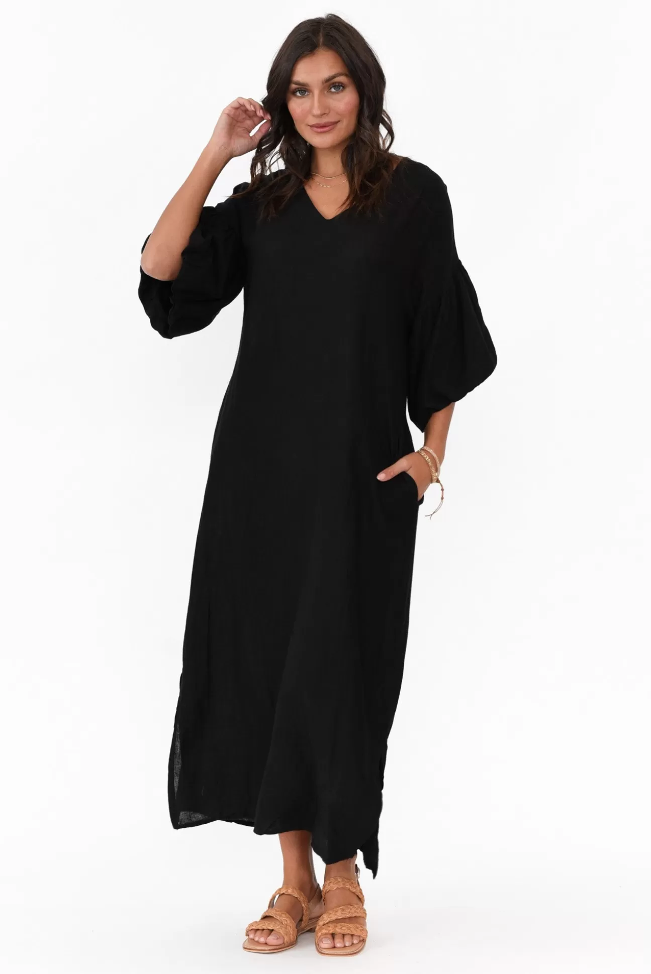 La Strada Zava Black Linen Blend Maxi Dress New