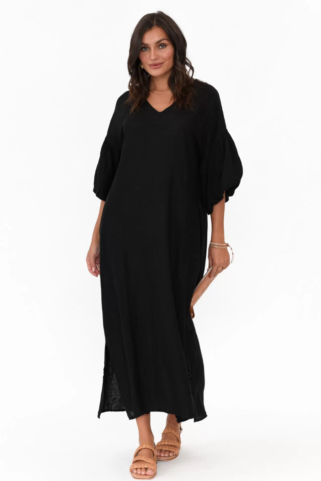 La Strada Zava Black Linen Blend Maxi Dress New