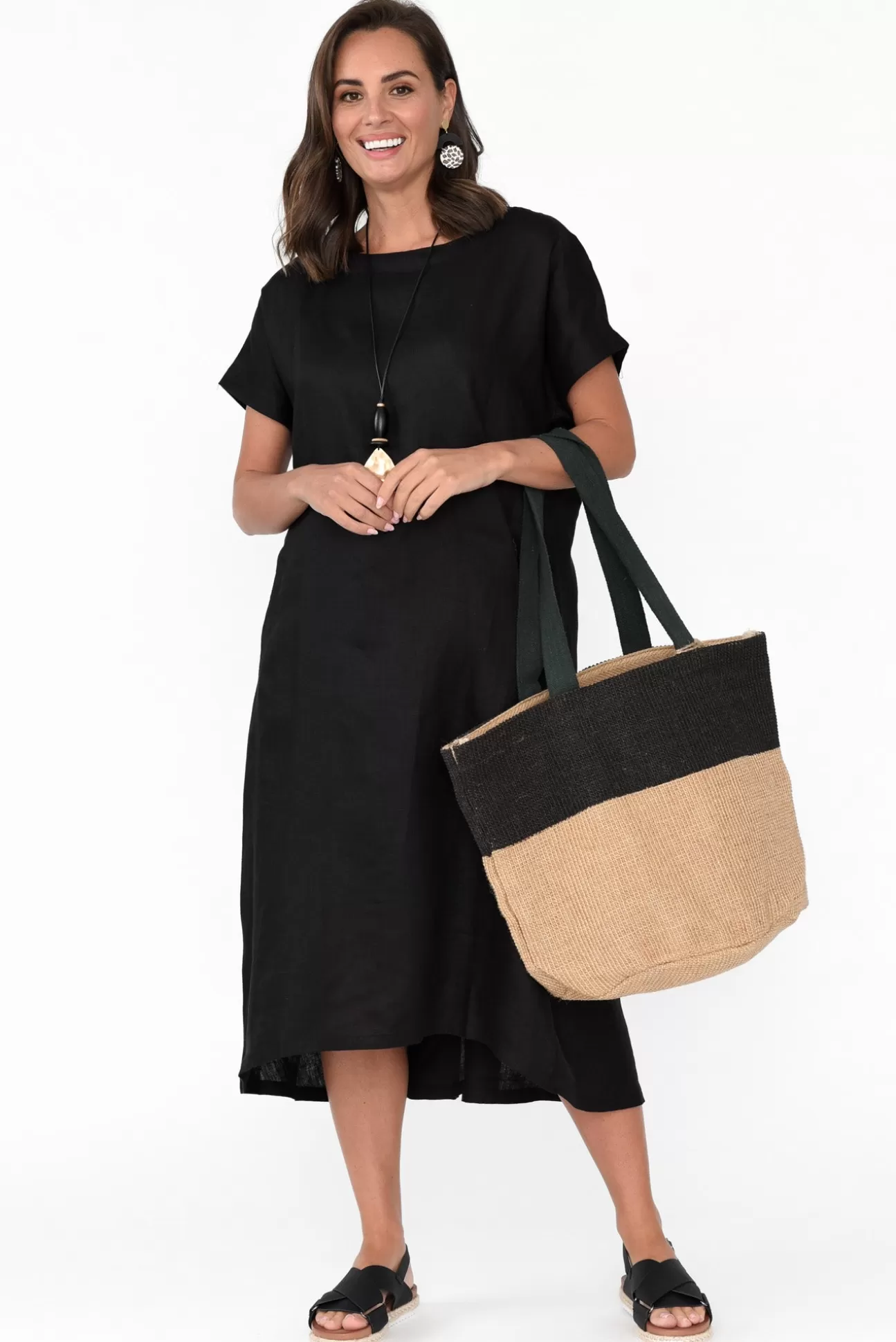 Tirelli Zeffie Black Linen Pocket Dress Discount