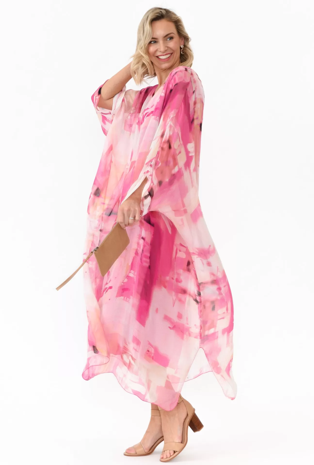 Donna Donna Zephyr Pink Watercolour Silk Layer Dress Clearance