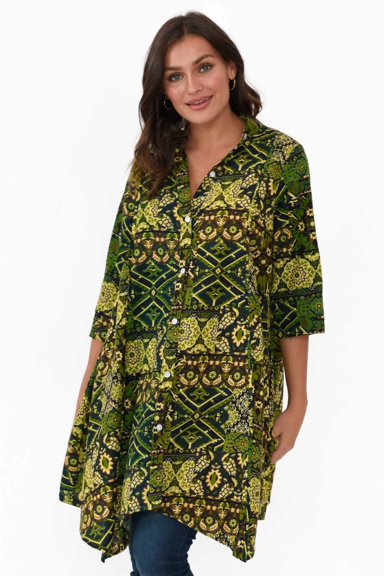 Hourglass Zora Green Diamond Cotton Linen Tunic New